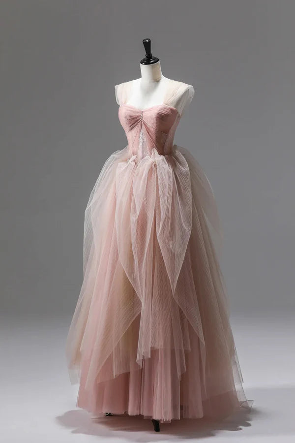Wholesale Pink Tulle Lace Long Formal Dress A-Line Off Shoulder Pink Prom Party Dress